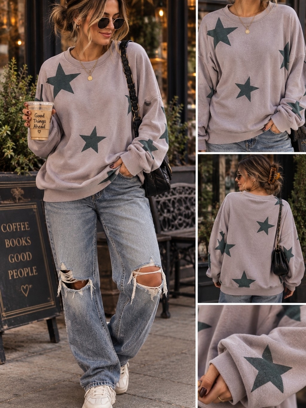 ⭐ Cozy Star Print Mauve Sweatshirt Medium | Oversized Streetwear Pullover